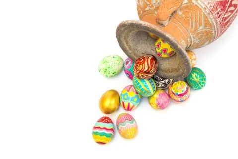 Set of colorful easter egg in painted clay jar and on white background Stock Photos