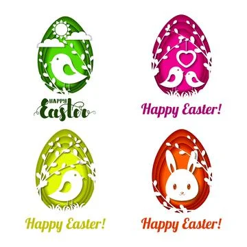 Set of colorful Easter eggs with beautiful decor in the style of paper art... Stock Illustration