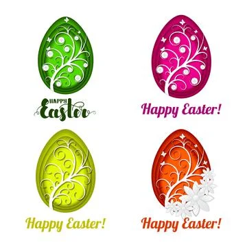 Set of colorful Easter eggs with beautiful decor in the style of paper art... Stock Illustration