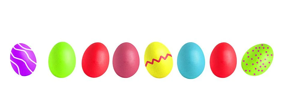 Set colorful easter eggs isolated on white background. Banner with colored ea Stock Illustration