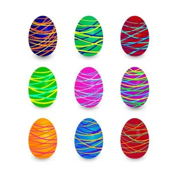 Set of colorful easter eggs with lines patterns. Happy easter eggs. Elements  Illustrazione stock