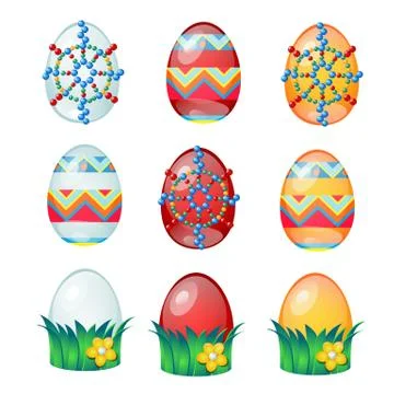 Set of colorful Easter eggs with patterns isolated on white background. Vector Stock Illustration