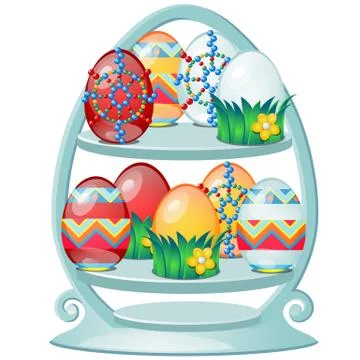 Set of colorful Easter eggs with patterns on a stylized shelf isolated on white Stock Illustration
