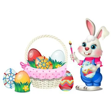Set of colorful Easter eggs with patterns and funny animated bunny holds in paws Stock Illustration