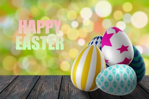 Set of colorful easter eggs place on wooden table with space and text. Stock Illustration