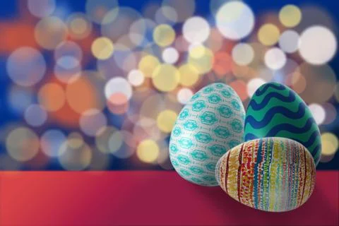 Set of colorful easter eggs place on red floor with space against colorful bo Ilustración de archivo