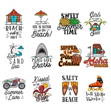 Set of colorful emblems with creative inscriptions on summer theme Illustrazione stock
