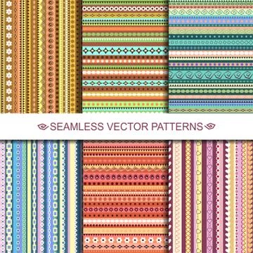 Set of colorful ethnic seamless patterns design with trips Stock Illustration