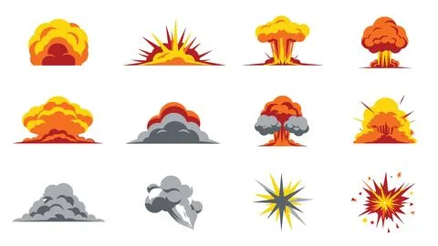 Set of colorful explosion and blast icons with smoke clouds for visual effect Stock Illustration
