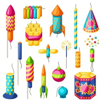 Set of colorful fireworks. Different types of pyrotechnics, salutes and Illustrazione stock
