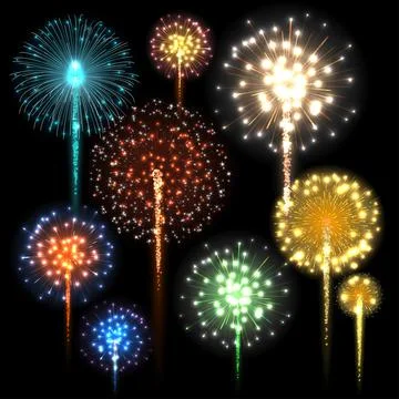 Set of colorful fireworks. Vector illustration. Stock Illustration