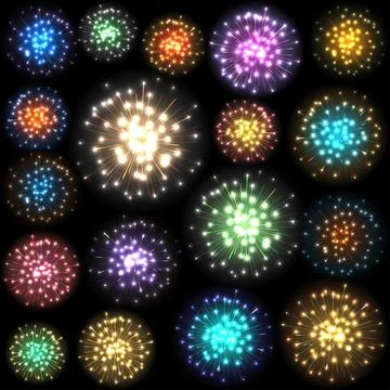 Set of colorful fireworks. Vector illustration. Stock Illustration