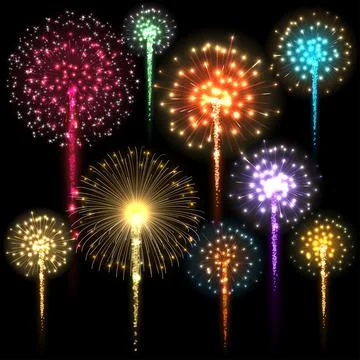 Set of colorful fireworks. Vector illustration. Stock Illustration
