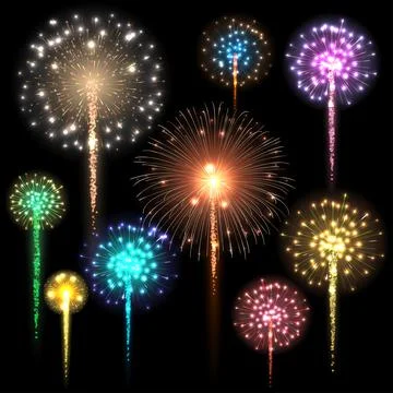 Set of colorful fireworks. Vector illustration. Stock Illustration
