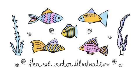Set of colorful fish, algae, waves. Marine set of vector illustrations. Stock-Illustration