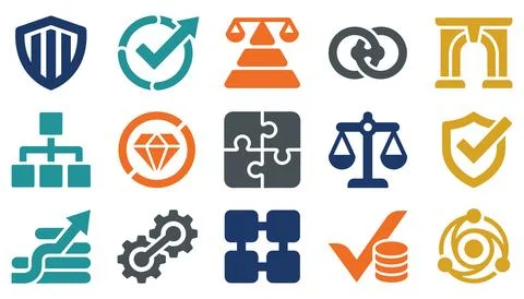 Set of colorful flat icons representing business and technology concepts Stock Illustration