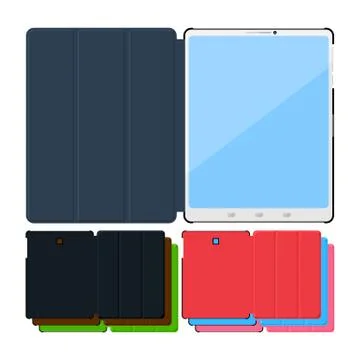 Set of colorful flat tablet pc cases. Black, leather, green, red, blue, pink. 스톡 일러스트