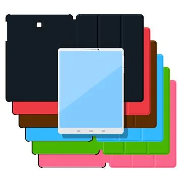 Set of colorful flat tablet pc cases. Black, leather, green, red, blue, pink. 스톡 일러스트
