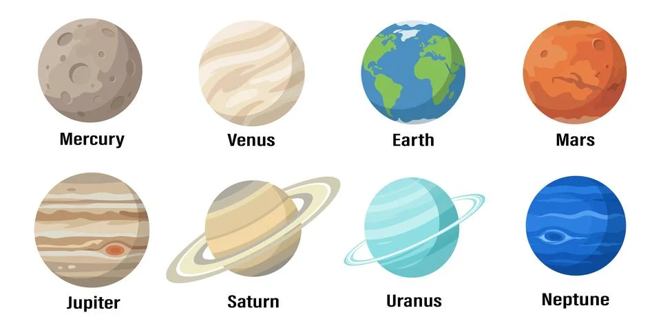 Set of colorful flat vector illustrations of the eight planets of the solar.. Stock Illustration