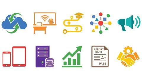 Set of colorful flat vector school and education icons for digital classroo.. Stock Illustration