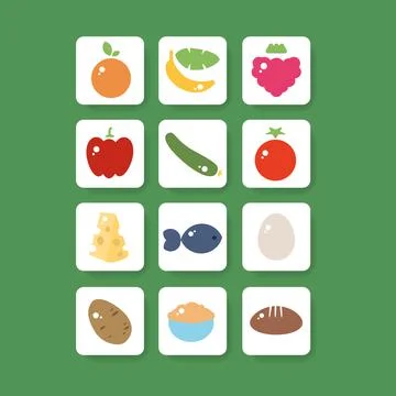 Set of colorful fruit and vegetable square button icons for app healthy Stock Illustration