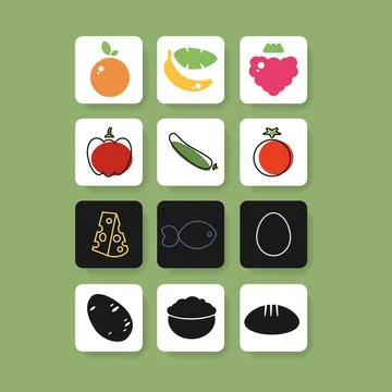 Set of colorful fruit and vegetable square button icons for app healthy Stock Illustration
