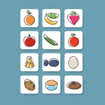 Set of colorful fruit and vegetable square button icons for app healthy Stock Illustration