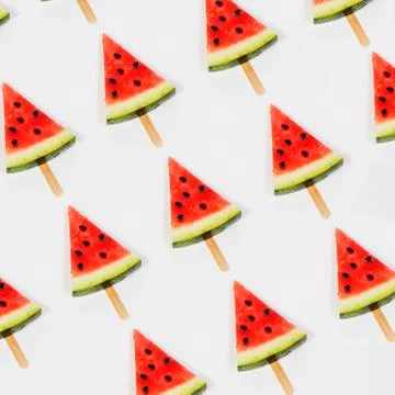 Set Colorful fruit pattern of fresh watermelon ice cream on stick white backg Stock Photos