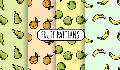 Set of colorful fruit seamless patterns. Flat design collection of background Stock Illustration