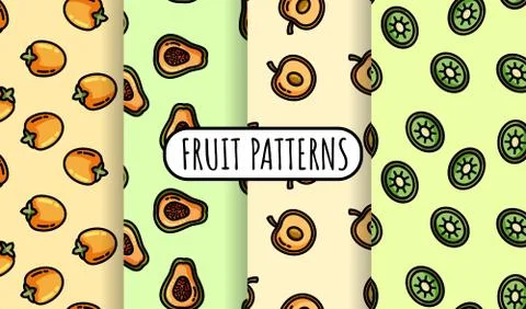 Set of colorful fruit seamless patterns. Flat design collection of background Stock Illustration