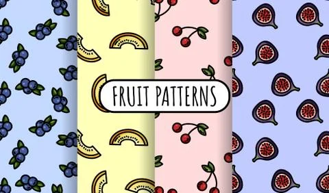 Set of colorful fruit seamless patterns. Flat design collection of background Stock Illustration