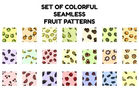 Set of colorful fruit seamless patterns. Flat design collection of background Stock Illustration
