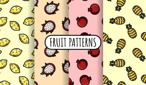 Set of colorful fruit seamless patterns. Flat design collection of background Illustrazione stock