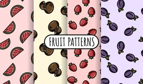 Set of colorful fruit seamless patterns. Flat design collection of background Stock Illustration