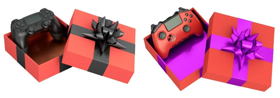 Set of colorful game controllers inside open gift boxes with shiny bows, isol Stock Illustration