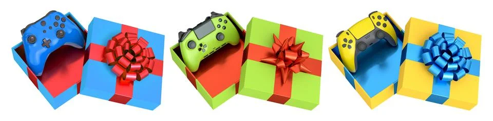 Set of colorful game controllers inside open gift boxes with shiny bows, is.. Stock Illustration