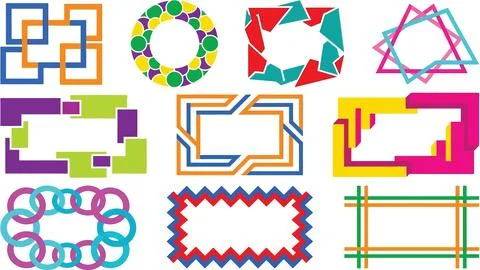 Set of colorful geometric frames and border elements for graphic design. Ilustración de archivo