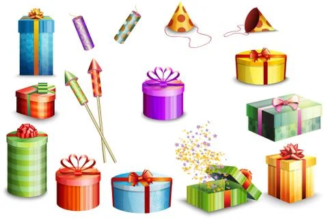 Set of colorful gift boxes with bows and ribbons. Vector illustration Stock Illustration