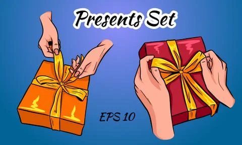 Set of colorful gift boxes with bows and ribbons. Stock Illustration