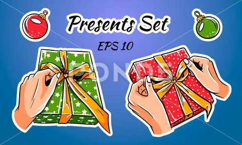 Set of colorful gift boxes with bows and ribbons. Stock Illustration