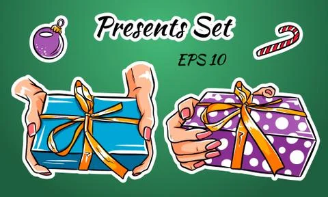 Set of colorful gift boxes with bows and ribbons. Stock Illustration