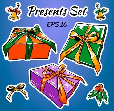 Set of colorful gift boxes with bows and ribbons. Stock Illustration