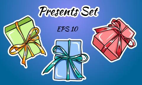Set of colorful gift boxes with bows and ribbons. Stock Illustration