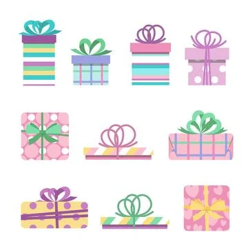 Set of colorful gift boxes. Present box with stripes, polka dots, checks, hearts Stock Illustration