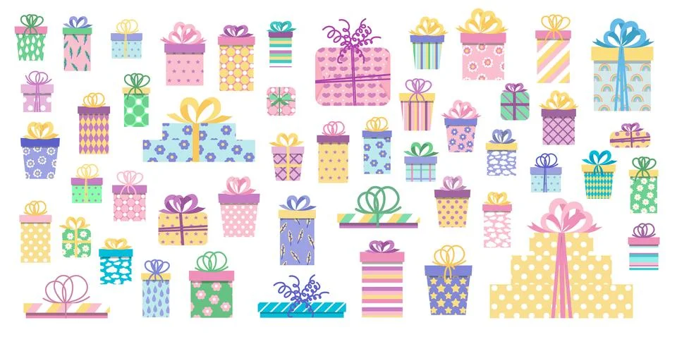 Set of colorful gift boxes. Present box with stripes, polka dots, checks, hearts Stock Illustration