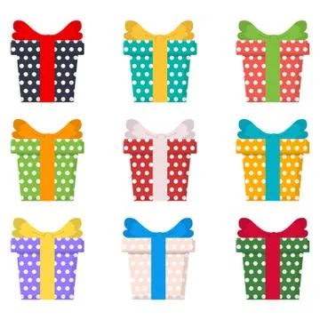 Set of colorful gift boxes, presents isolated on white background. Sale, shop Stock Illustration