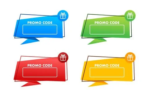 Set colorful gift tags with a present on them. Promo, Coupon code banner with Illustrazione stock