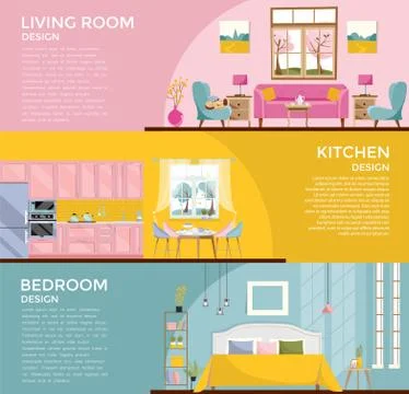 Set of colorful graphic room interiors living rooms with sofa, window, armcha Stock Illustration