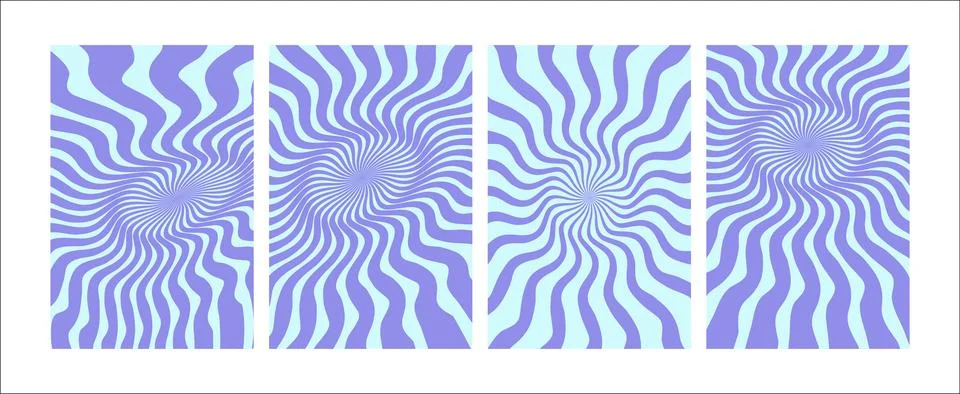 Set of colorful groovy sunbeam patterns with dynamic spiral ray textures. Stock Illustration