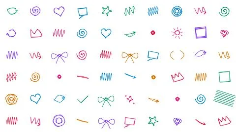 Set of Colorful Hand-Drawn Scribble Elements and Artistic Doodle Icons on Whi Stock Illustration